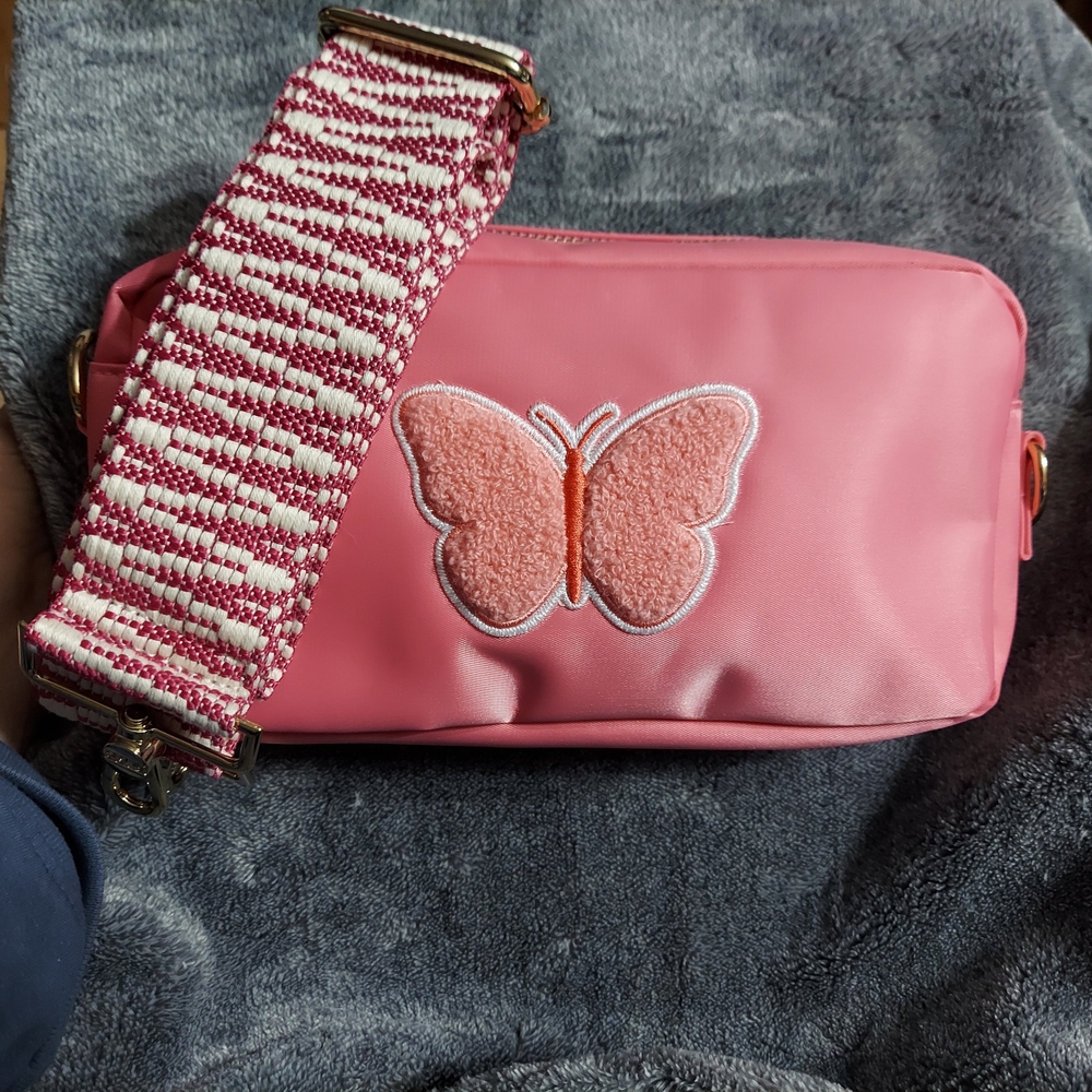 BLOC Pastel Pink Crossbody Bag with Butterfly Appliqué & Adjustable Strap (New)